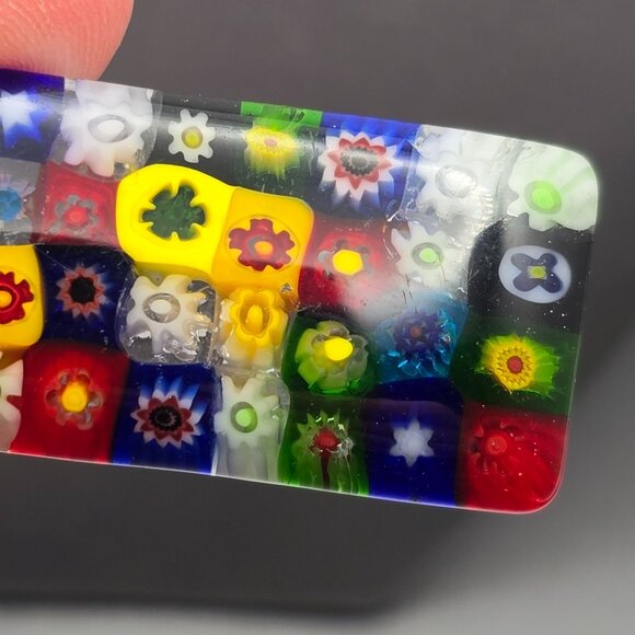 Murano Millefiori Glass Pendant 1.75x.75" Multicolored Floral Mosaic 18k GP Bail - Picture 6 of 7